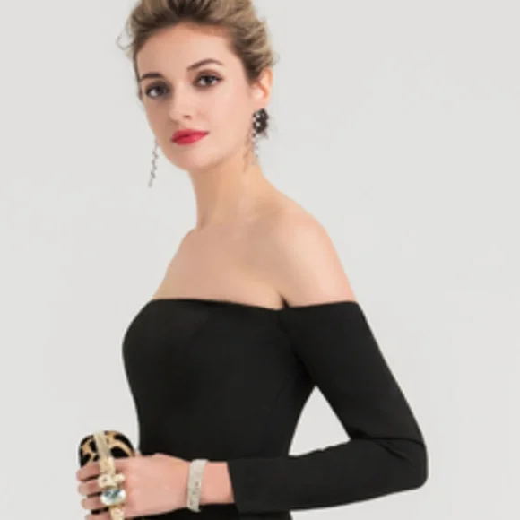 JJs House Black Off-Shoulder Long Sleeve Fishtail Gown NWT Sz 6 - Picture 8 of 10